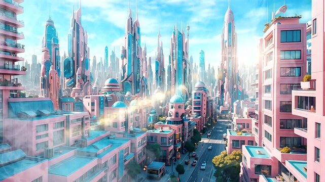 AI-generated utopian city with advanced architecture and lush parks, seamless looping animation time lapse 4K