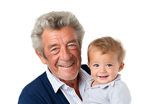 Portrait of an elderly male person holding his son close, both with joyful expressions, emphasizing their emotional bond. Isolated on white background