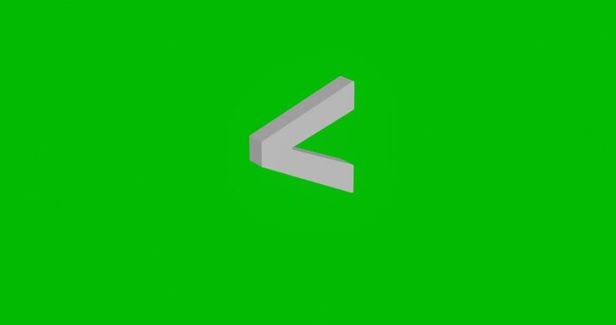 Animation of rotation of a white greater symbol with shadow. Simple and complex rotation. Seamless looped 4k animation on green chroma key background
