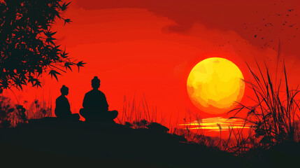 Fototapeta premium Silhouettes of two people meditating under a large red sun at sunset