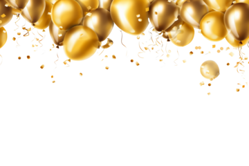 Party frame with golden balloons and confetti Isolated on white background