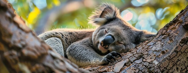 A serene koala sleeping in the fork of a eucalyptus tree