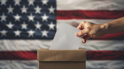 United States election concept. Hand puts vote bulletin into vote box.