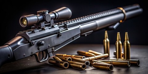 Close-Up Perspective of Rifle with Scope and Brass Cartridges on Dark Background - High Detail Focused Composition