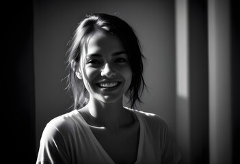 Portrait of a beautiful woman smiling to the camera, artwork, painting, black and white, short hairs, light from left side