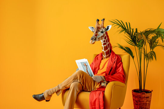 A fashionable giraffe in a red coat, yellow pants and boots sits in a yellow chair reading a magazine against a bright yellow wall with space for text. A lighthearted and amusing scene. Copy space