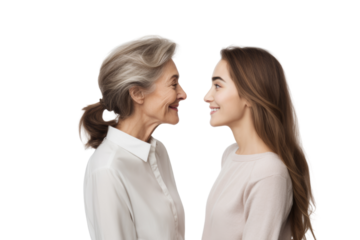 Mother and daughter looking at each other with love and happiness, depicting their special bond. Isolated on white background