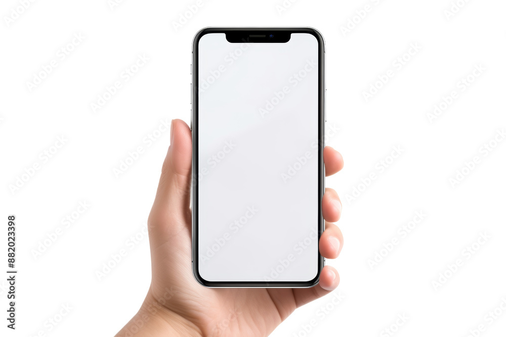 Poster modern smartphone with transparent screen in a hand isolated on white background