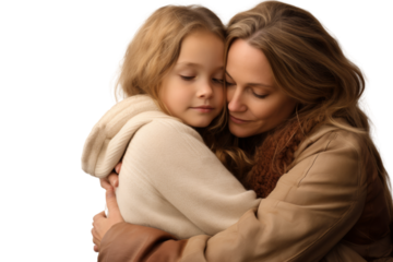 Mother and daughter in a warm embrace, illustrating their loving and supportive relationship. Isolated on white background