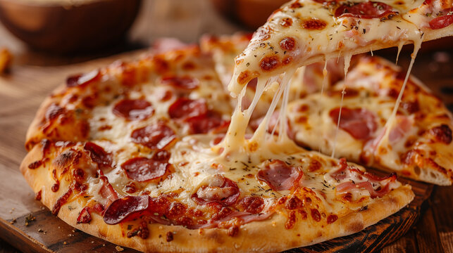 Magazine pizza photo, cheese paperoni, a delicious pizza with stretchy cheese 