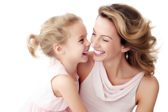 Mother and daughter enjoying a playful moment, highlighting their fun and loving bond. Isolated on white background