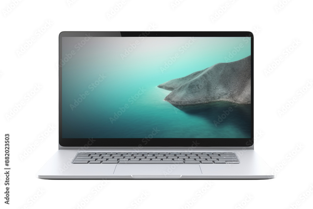 Poster modern laptop mockup front view with transparent screens, isolated on white background
