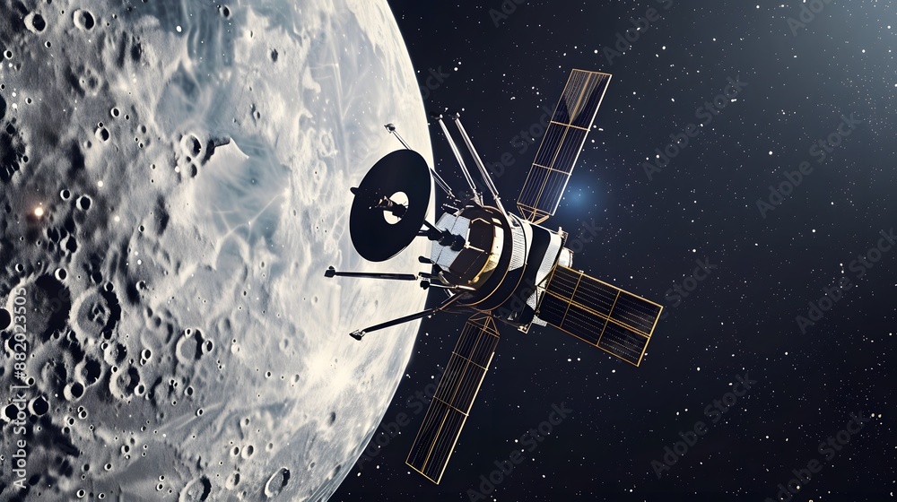 Wall mural digital illustration of a geomodule satellite with three-axis structure orbiting the lunar surface, 