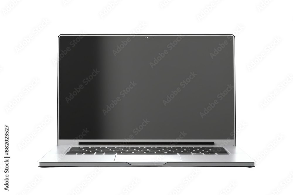 Poster modern laptop mockup front view with transparent screens, isolated on white background