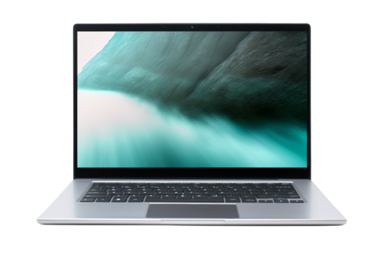 Modern laptop mockup front view with transparent screens, isolated on white background