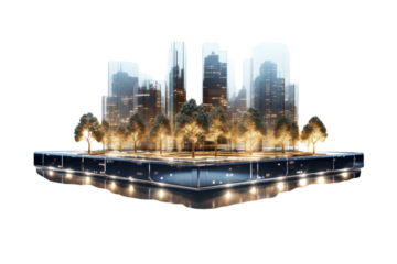 Modern city plaza with glowing digital trees Isolated on white background