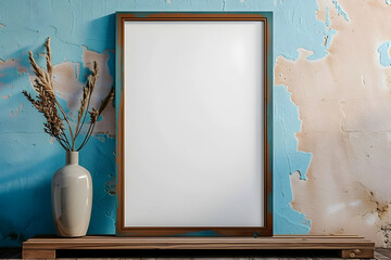 A blank photo frame on a textured, painted wall for mockup design and interior decor with rustic, vintage elements and copy space.
