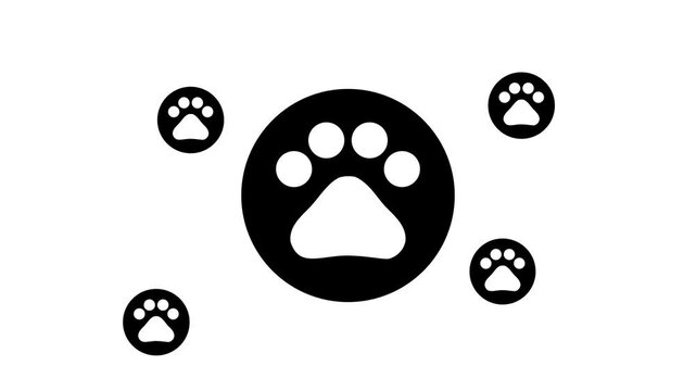 Zoom in and out animation the pet symbol. Large black symbol in the center and four small symbols around. Seamless looped 4k animation on white background
