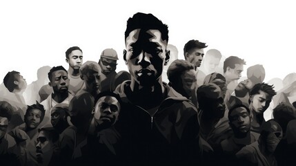 group of guys on black and white. strength and confidence. men, flat portrait. African American community. gang, crime