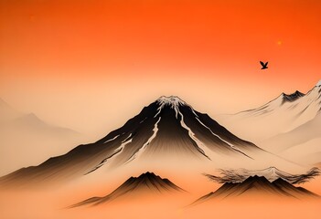 A snow-capped mountain peak rising above a misty, orange-hued landscape with birds flying in the distance, traditional japanese style painting artwork