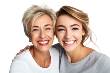 Mature mother and daughter taking a selfie, capturing their happy moments together and strong relationship. Isolated on white background