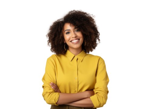 Modern African American woman with curly hair, wearing a stylish casual outfit, posing with a relaxed and confident demeanor Isolated on white background