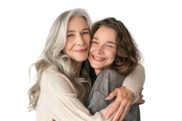 Mature mother and daughter sitting together, sharing a happy moment and showing their deep connection. Isolated on white background