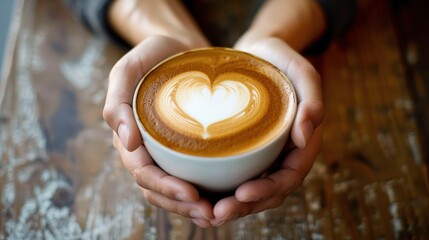Barista's hands holding a latte art masterpiece, with a heart-shaped foam design floating on creamy coffee 