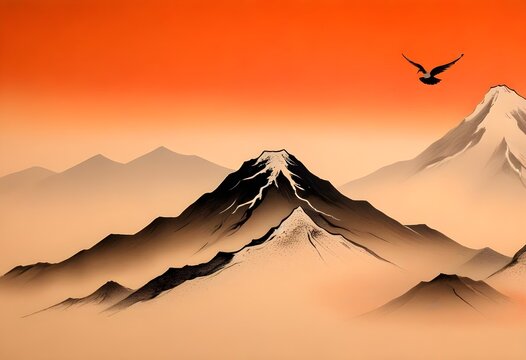 A snow-capped mountain peak rising above a misty, orange-hued landscape with birds flying in the distance, traditional japanese style painting artwork