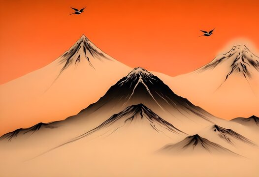 A snow-capped mountain peak rising above a misty, orange-hued landscape with birds flying in the distance, traditional japanese style painting artwork