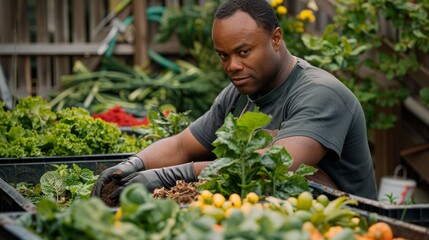 Multiracial Man Gardener Harvesting Organic Squash in Raised Bed Garden. Generative ai