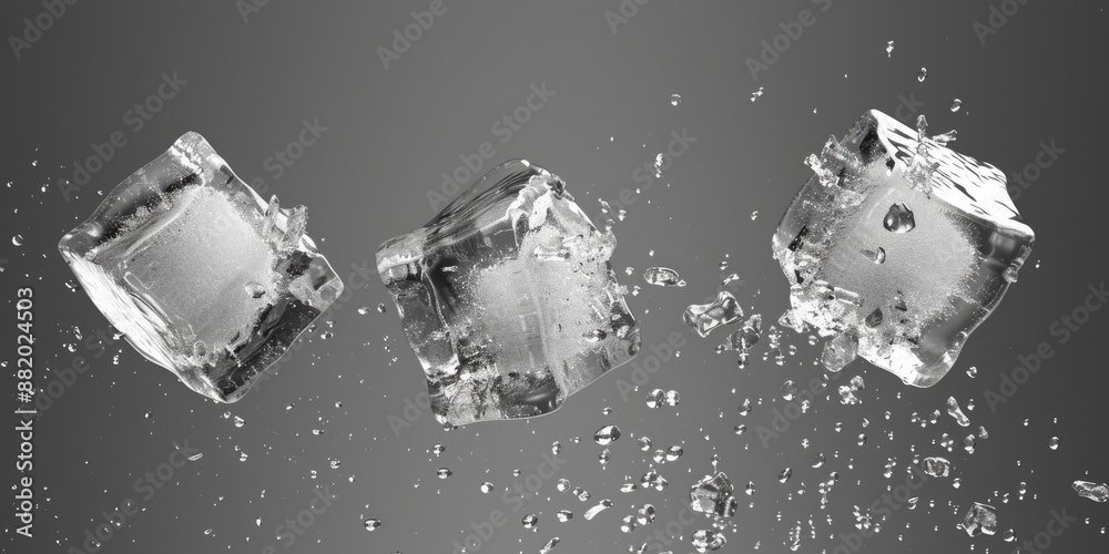 Poster three ice cubes fall into a body of water, creating ripples and waves