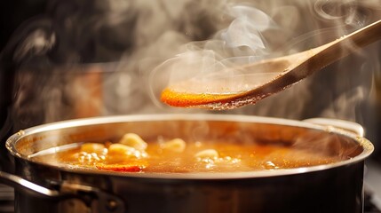 Culinary Scene - Close-up of a Wooden Spoon Stirring Delicious Homemade Soup in a Pot