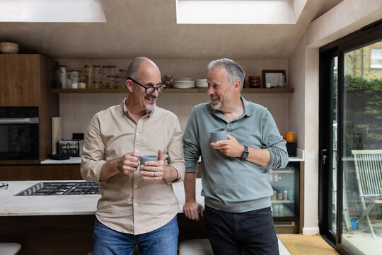 Mature carefree gay couple laughing together at home in the kitchen