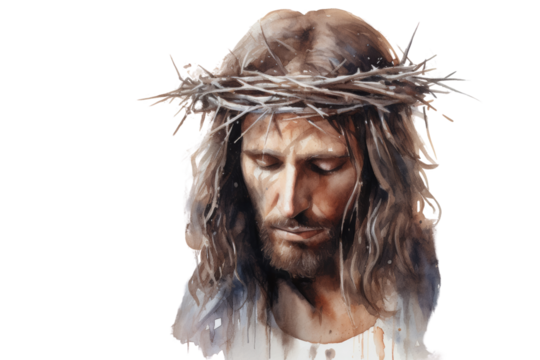 Jesus depicted in watercolor, with a crown of thorns and a look of solemn reflection, using earthy tones and deep contrasts. Isolated on white background