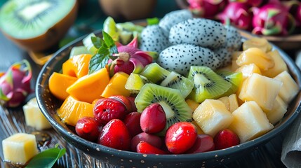 Bowl of mixed exotic fruits kiwi, dragon fruit, lychee on a wooden table