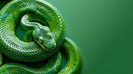 Fototapeta premium Vibrant green snake coiled on emerald background, copy space.