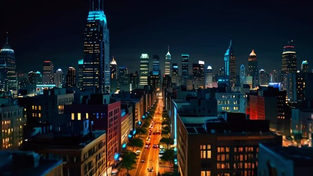 A night view of a city street with tall buildings on both sides and cars driving on the street below.