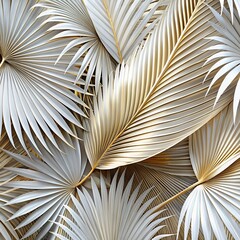 The pattern is large, white, gilded, wide, palm leaves with overlapping branches of different sizes,