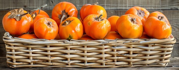 Persimmons, ripe and orange, arranged in a wicker basket