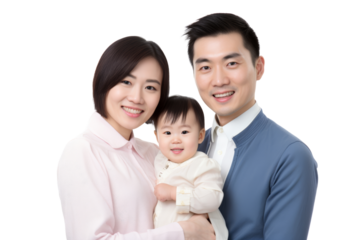 Happy young Chinese family posing for photo Isolated on white background