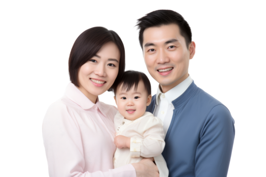 Happy young Chinese family posing for photo Isolated on white background