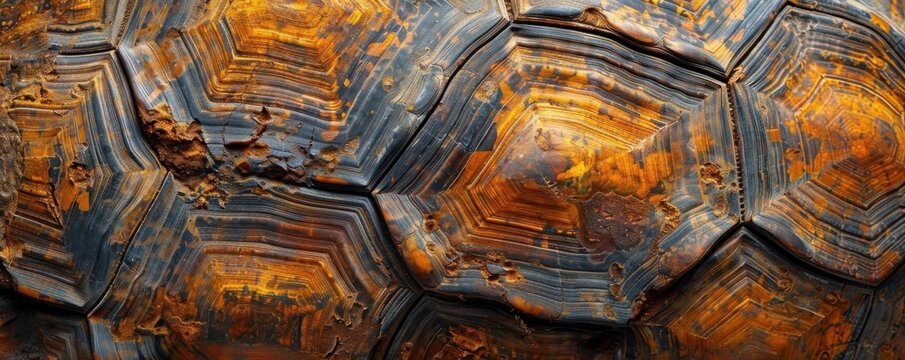 Close up of a turtle shell with intricate patterns.