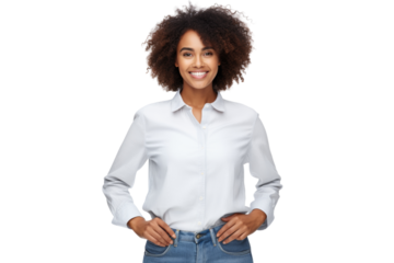 Happy young black woman smiling with hands on hips wearing casual clothes Isolated on white background