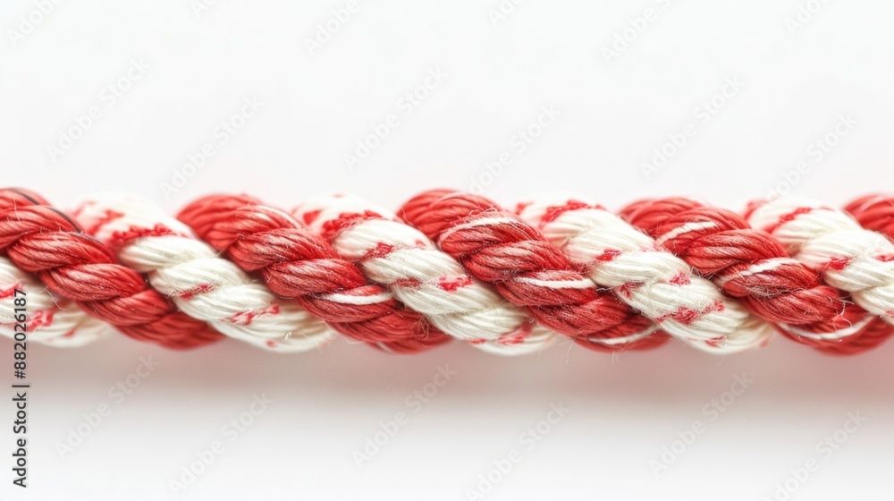 Poster A close-up shot of a red and white rope with a knot, suitable for use in decorative or utility contexts