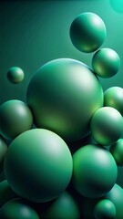 A series of smooth, round green spheres of varying sizes float against a gradient background that transitions from teal to dark green.