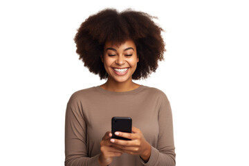 Happy black woman holding a smartphone, smiling Isolated on white background