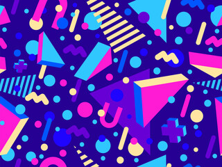 Geometric seamless pattern in 80s style. Colorful geometric pattern with isometric geometric 3D shapes. Design of promotional products, wrapping paper and printing. Vector illustration