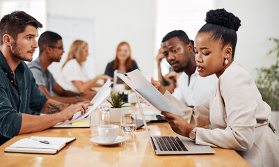 Woman, meeting and documents in office for business, reading and teamwork for planning or project. People, company and discussion in conference room for agenda, ideas and collaboration for career