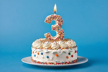 3rd birthday cake with blue frosting, colorful sprinkles, and burning candles, isolated on blue background